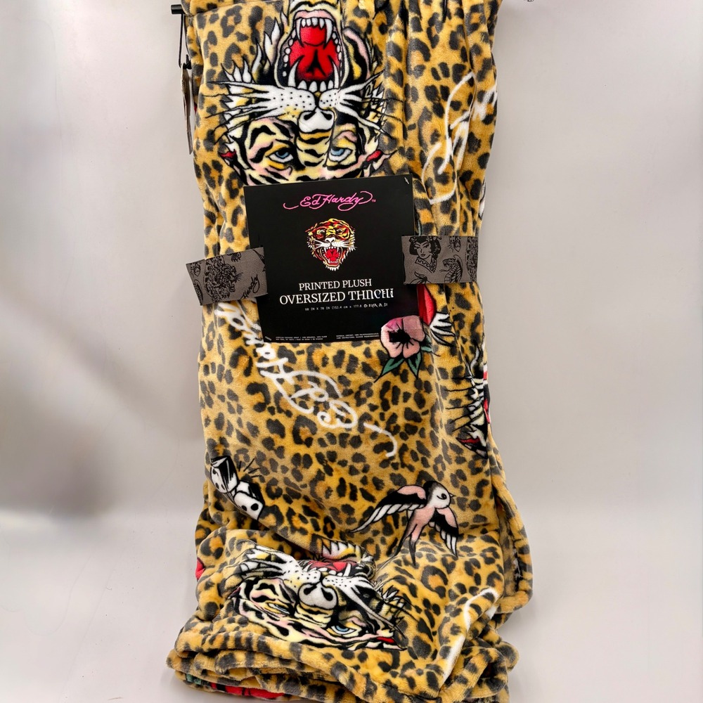 Ed Hardy Printed Plush Oversized Throw Blanket Leopard Tiger Tattoo Art  NEW